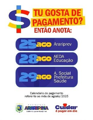 Prefeitura de Araripina anuncia datas do pagamento de Agosto