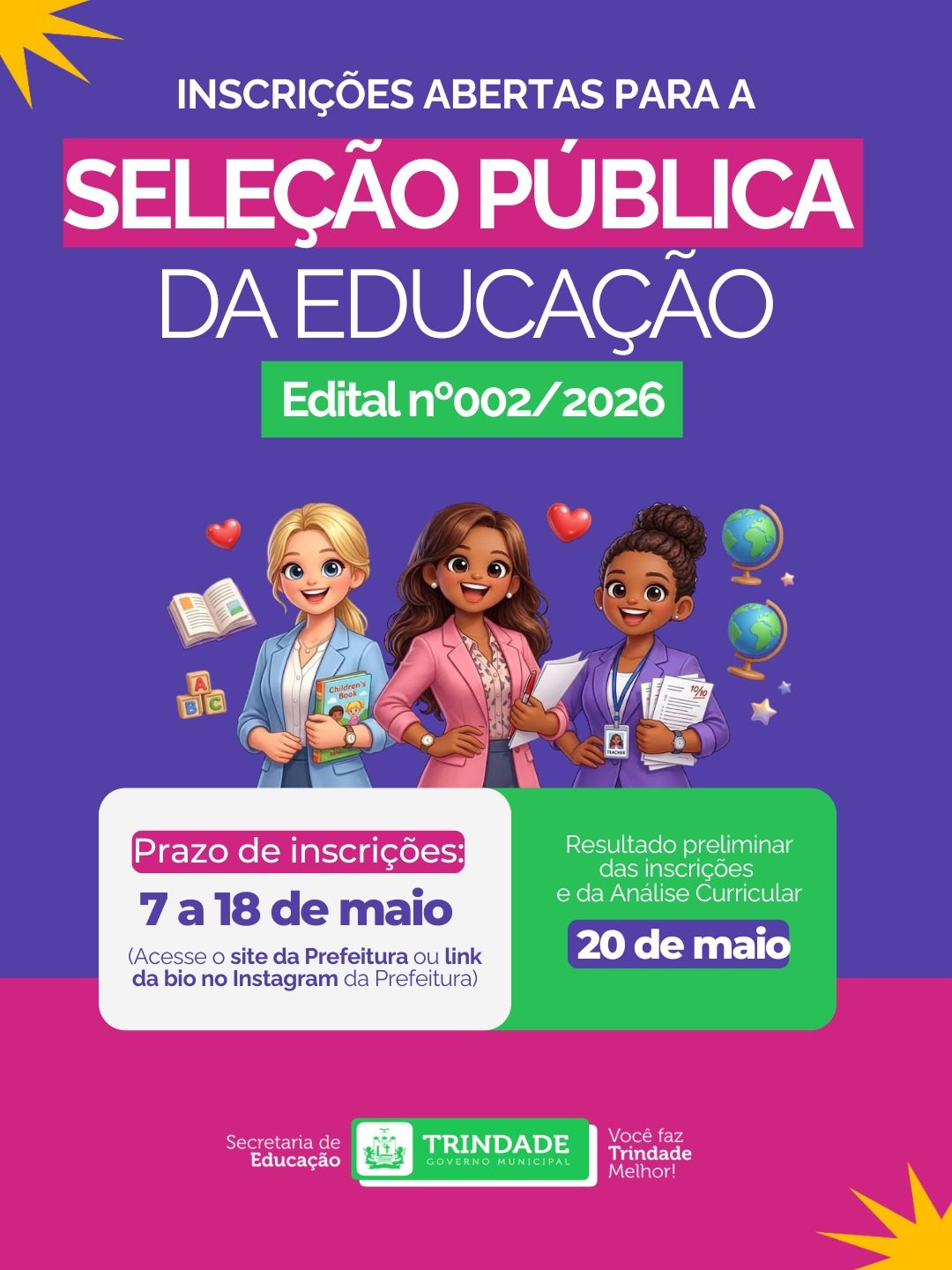 Prefeitura de Trindade abre nova seleção da Educação com 79 vagas e cadastros de reserva; salários vão até R$ 5.165,86